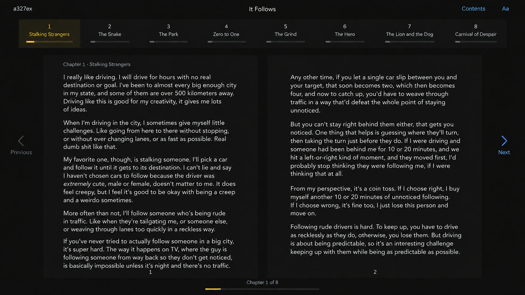 Reader with horizontal chapter navigation